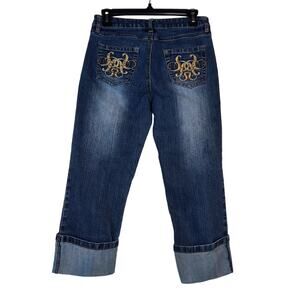 SOUTHPOLE WOMENS 9 BLUE DENIM CAPRI CUFFED‎ EMBELLISHED CITY HIP HOP FESTIVAL